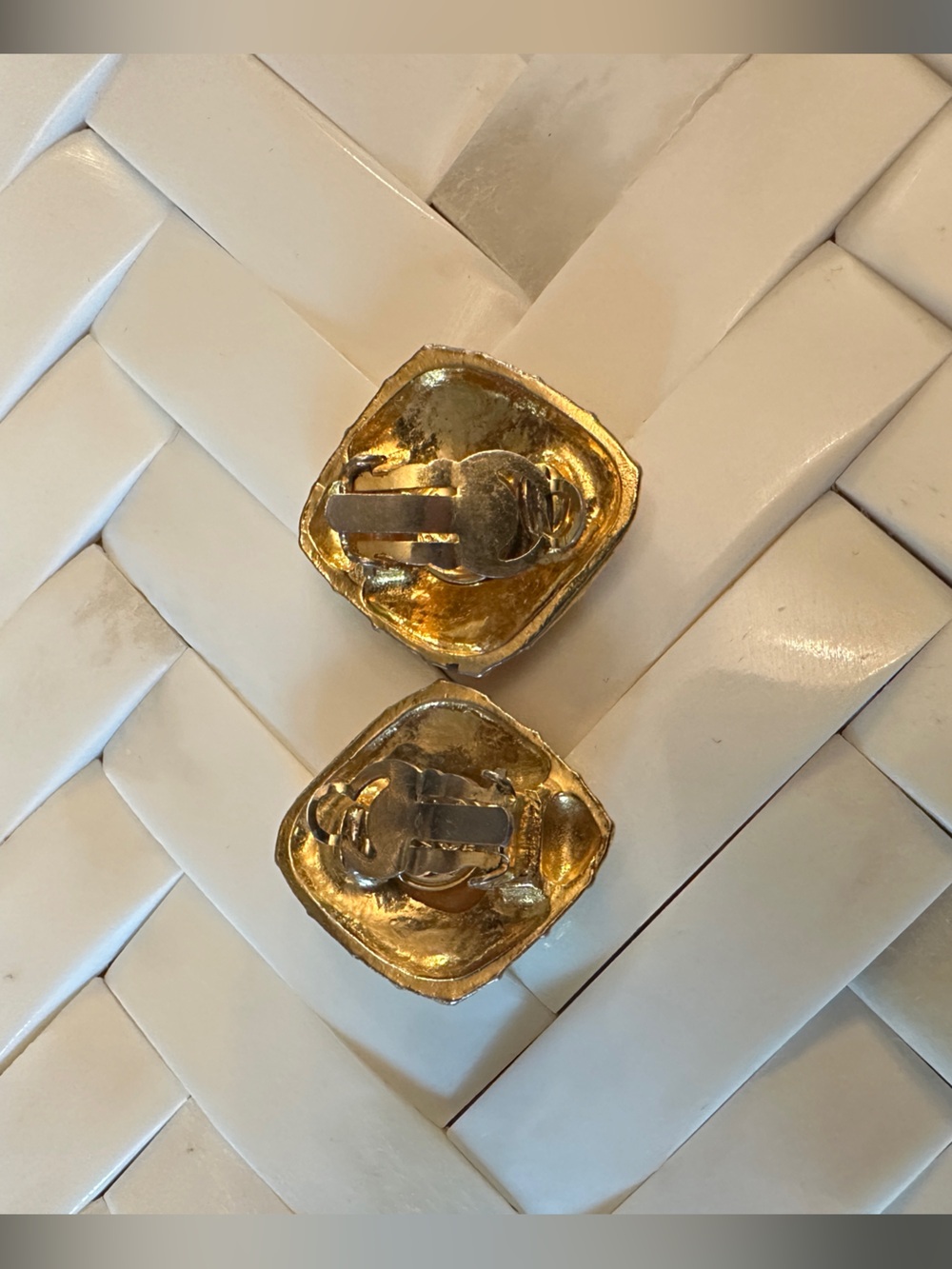 CHANEL Gold Quilted Square Drop Earrings - Textured Statement - Picture 3 of 5